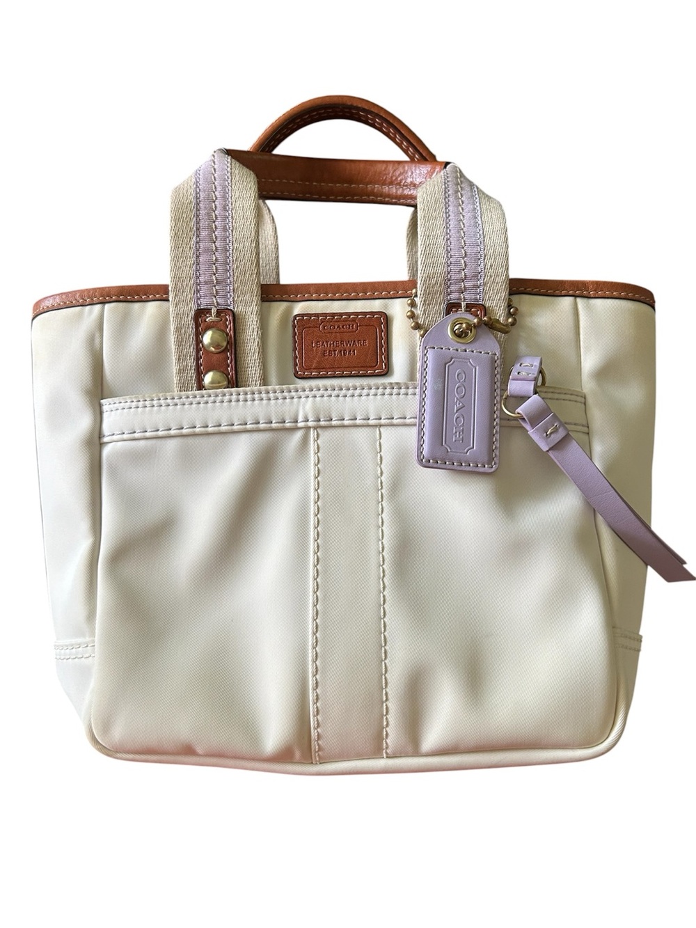 Coach Hamptons Nylon Mini Tote with Lavender Tag and Tan Trim